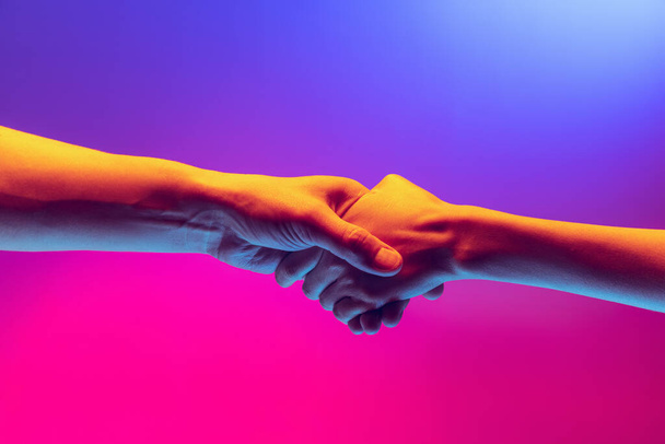 Handshake. Male and female hands touching each other on gradient blue and pink background in neon. Concept of human rights, social issues, gathering. - Photo, Image