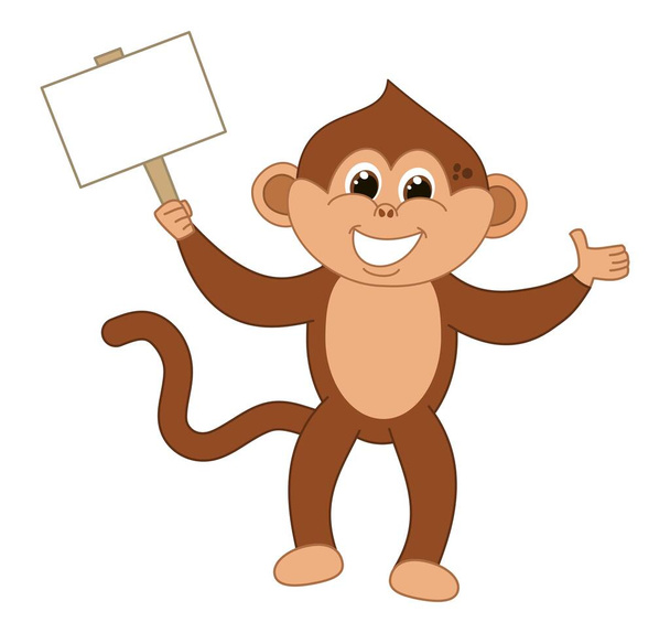 Young smiling brown monkey with brown eyes holding an advertising sign - Vector, Image