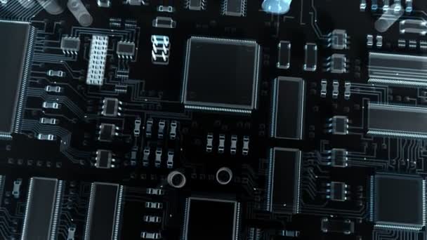 Modern electronic circuit board or mainboard with chips and microcircuits. High Technology 3d animation. - Video, Çekim