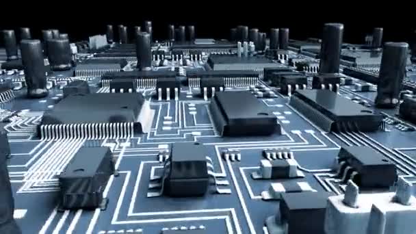 Moderno circuito elettronico o mainboard con chip e microcircuiti. Animazione 3D ad alta tecnologia
. - Filmati, video