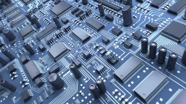 Moderno circuito elettronico o mainboard con chip e microcircuiti. Animazione 3D ad alta tecnologia
. - Filmati, video