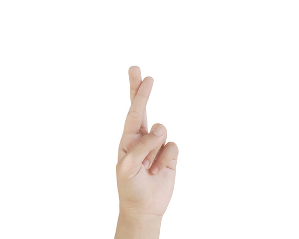 Close up Asiático female15-20 idade mão mostrar dois dedos aro luz para mentir e desejando, para gesto de boa sorte, sinal de braço e mão isolado em um fundo branco cópia espaço símbolo linguagem - Foto, Imagem