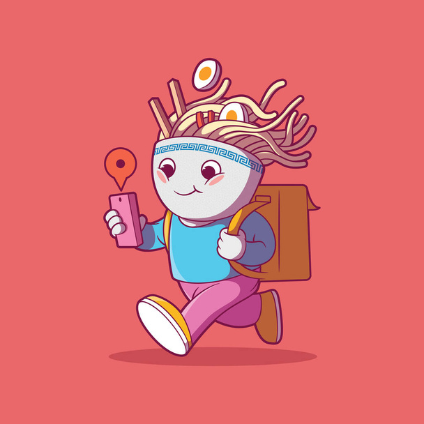 Ramen bowl character delivering food vector illustration. Food, mascot, business design concept. - Вектор,изображение