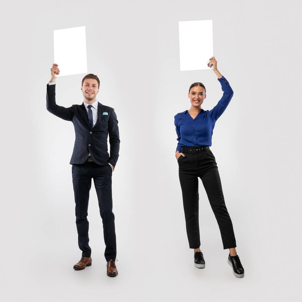 Businesspeople holding blank white advertising billboard at studio, collage - Foto, afbeelding
