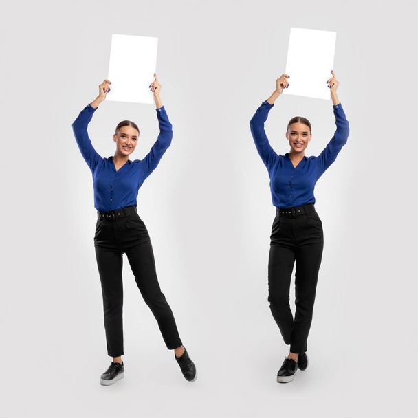 Happy woman holding blank white advertising billboard at studio, collage - Photo, Image