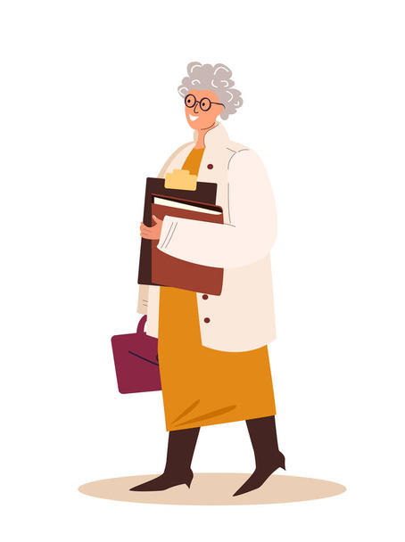 Aged Lady in Business.Advantages of Aged Women in Business.Senior Caucasian Business Person,Confident Aged Female Character with Folders,Briefcase.Cartoon People Vector Illustration isolated on white - Vetor, Imagem