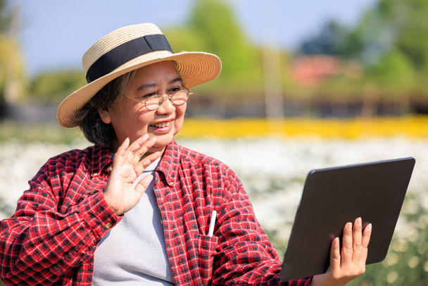 starší ženy v kostkované košili a klobouku video hovor po tabletu s miláčkem z ní v květinové zahradě, starší lidé tech a sociální - dálkové cestování turistické koncepce - Fotografie, Obrázek