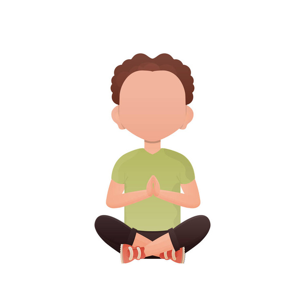 Lindo niño preescolar medita medita. Aislado. Estilo de dibujos animados. Ilustración vectorial - Vector, Imagen