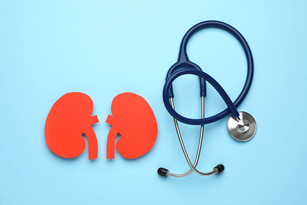 Paper cutout of kidneys and stethoscope on light blue background, flat lay - Photo, Image