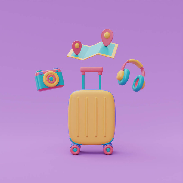 Turisztikai és utazási terv utazás bőrönd, kamera, fülhallgató és térkép, nyaralás, 3D-s renderelés - Fotó, kép