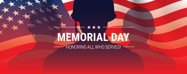 Memorial day vector banner design with soldier silhouettes and USA flag. - Vector, Image