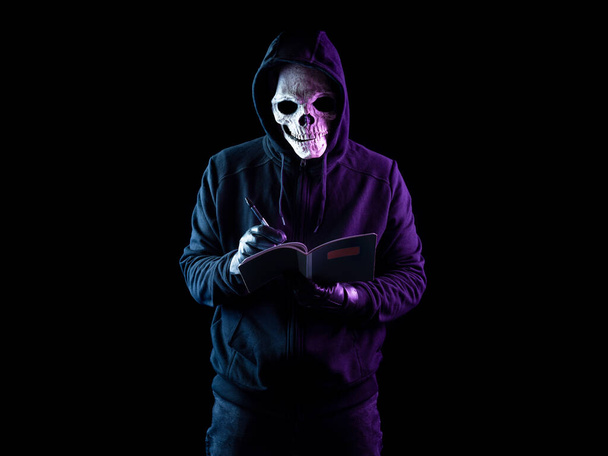 Modern death character on a black background taking notes - Photo, image