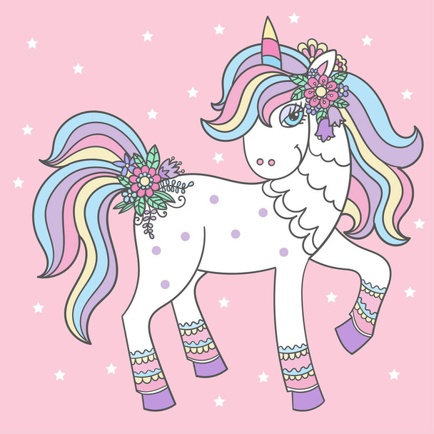 Funny cartoon unicorn with a rainbow mane and flowers on a pink background. Doodle style. Hand drawing.For children's design of prints, posters, stickers, flyers, cards, etc. Vector - Vetor, Imagem