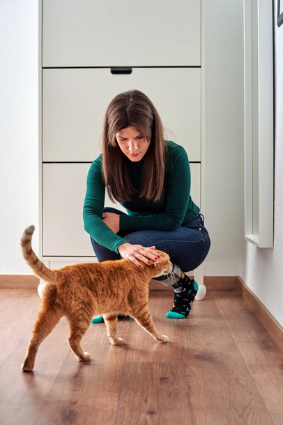 Woman stroking her cat inside her house - 写真・画像