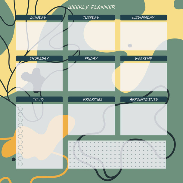 Weekly planner template. A planner for week organization of time with abstract background. Illustration hand-drawn. - Vektor, kép