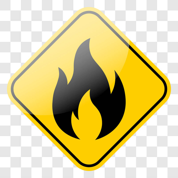 Flammable warning icon on yellow street sign frame. Black fire flame danger symbol. Vector illustration isolated. - Vector, imagen