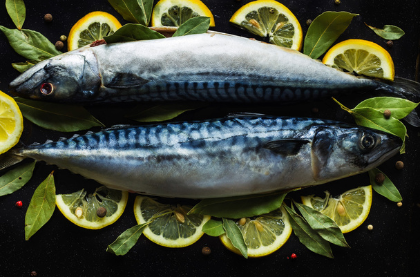 fresh raw mackerel fish  with lemon and bay leaves - Foto, imagen