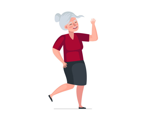 Starsza kobieta zabawnie tańczy. Starsza tancerka. Staruszka macha rękami i nogami. Emerytowana babcia przenosi się do muzyki. Wesoły emeryt taniec wolny i relaksujący. Aktywny nowoczesny babcia eps - Wektor, obraz