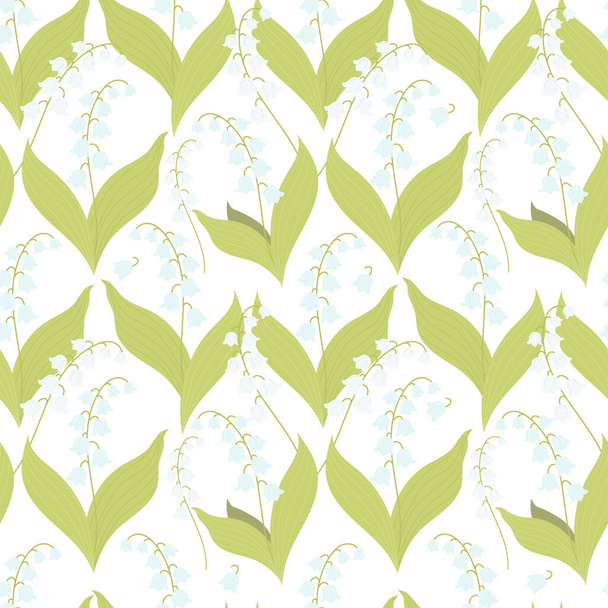 Patrón floral sin costuras con hermosos lirios de mayo del valle sobre fondo blanco. Ilustración vectorial. Patrón de primavera con flores forestales para el diseño, embalaje, papel pintado, decoración y decoración - Vector, imagen