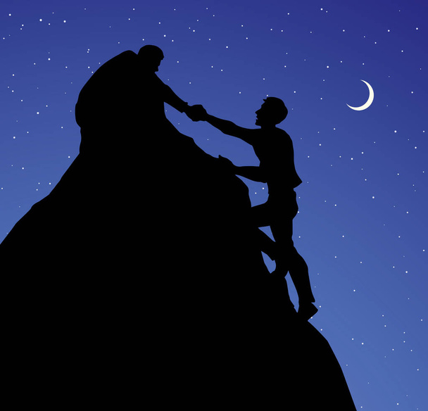 2 risk union trust try give effort crisis life arm reach up abyss hang fail hiker concept. Black aid care graphic vector art unity join high hill canyon peak gap pit top win evening starry text space - Vector, Image