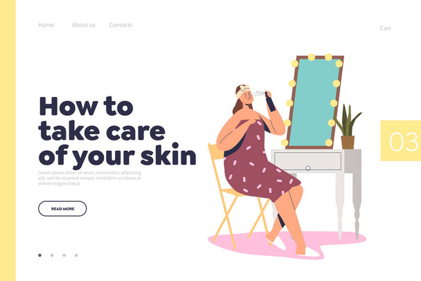 Take care of skin concept of landing page with young woman using spray moisturizer cosmetics - Vector, afbeelding