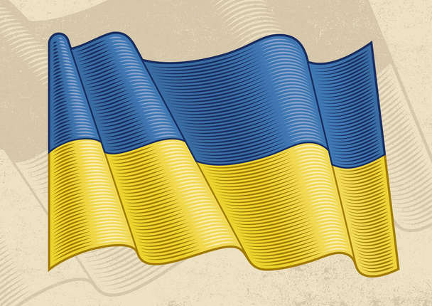Vintage Flag Of Ukraine. Editable EPS8 vector illustration with clipping mask in woodcut style. - Vektör, Görsel