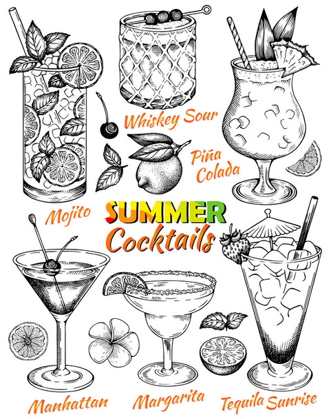 Sketch drawing set of summer cocktails isolated on white background. Hand drawn alcohol drinks, bar menu. Mojito, Pina Colada. Engraved lemon slices, plumeria flower, mint leaf. Vector illustration. - Vector, afbeelding