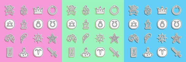 Set line Medieval sword, Pentagram, Life, King crown, Burning candle, Air element, Magic ball and Mars icon. Vector - Vector, afbeelding
