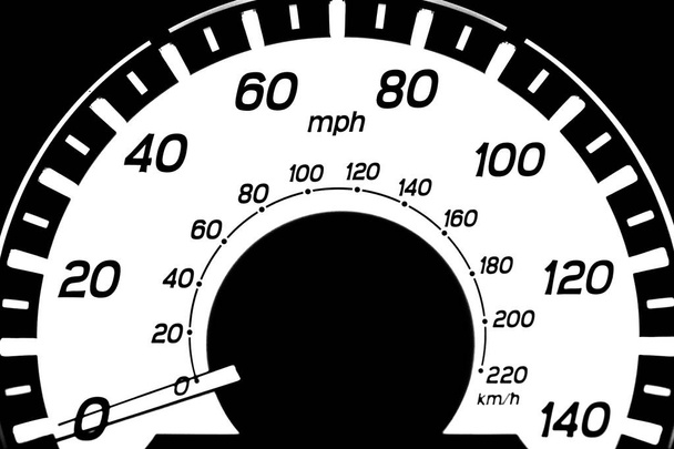 Wskaźnik prędkości samochodu pokazuje kilometr na godzinę w jednostce metrycznej i milę na godzinę w cesarskiej jednostce celnej. - Zdjęcie, obraz