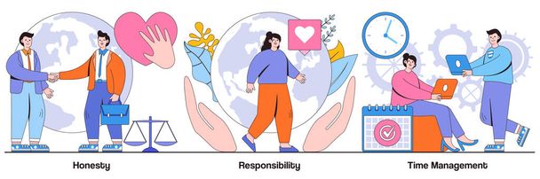 Honesty, responsibility, time management concepts with people characters. Personal and professional skills abstract vector illustrations pack. Personnel training, employee coaching metaphor. - Vector, afbeelding