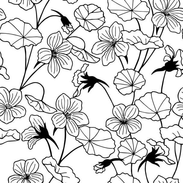 Seamless pattern from Nasturtium plant with flowers. Vector stock illustration eps10. Outline, hand drawing. Isolate on a white background. - Vettoriali, immagini