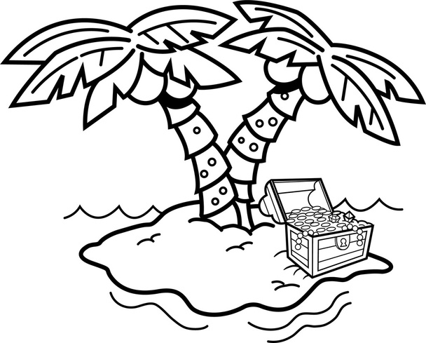 Γελοιογραφία νησί με φοίνικες και ένα σεντούκι του θησαυρού. - Διάνυσμα, εικόνα