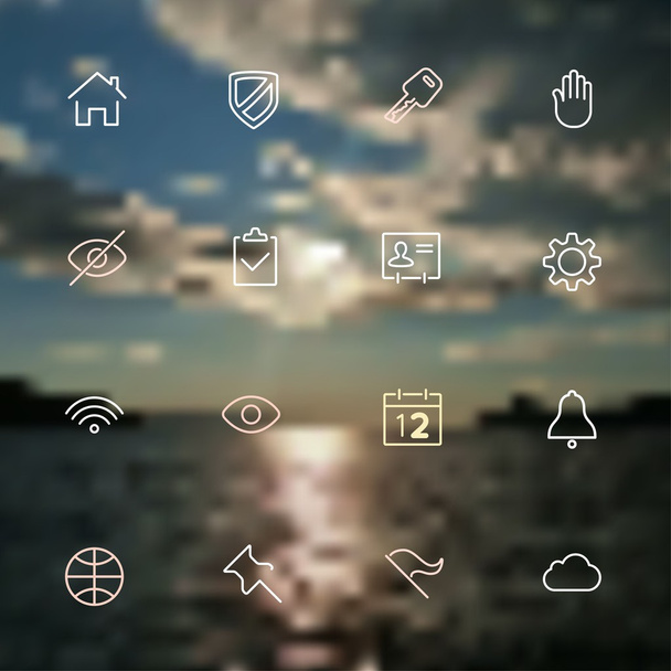 Collection of simple line modern icons for mobile interface on blurred background - Vecteur, image
