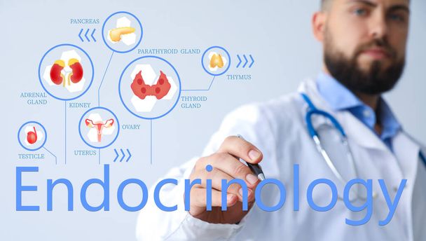 Male doctor writing word ENDOCRINOLOGY on virtual screen against light background - Foto, Imagen