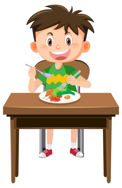 Niño feliz comiendo saludable desayuno ilustración - Vector, imagen