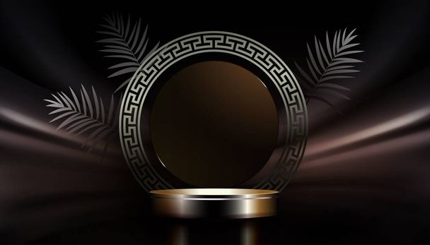 Dark background with a round shiny podium, a round frame with a border. - Vetor, Imagem