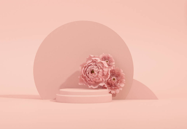 3D podium display, pastel pink background with Peonies flower and palm leaf shadow. Minimal pedestal for beauty, cosmetic product. Holiday, feminine copy space template 3d render - Фото, изображение