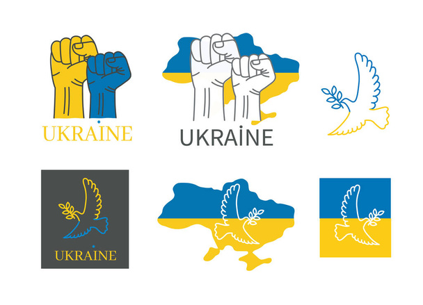 Junto con Ucrania. Las manos azules amarillas mantienen la paz. Ilustración del vector lineal con una paloma voladora - Vector, imagen