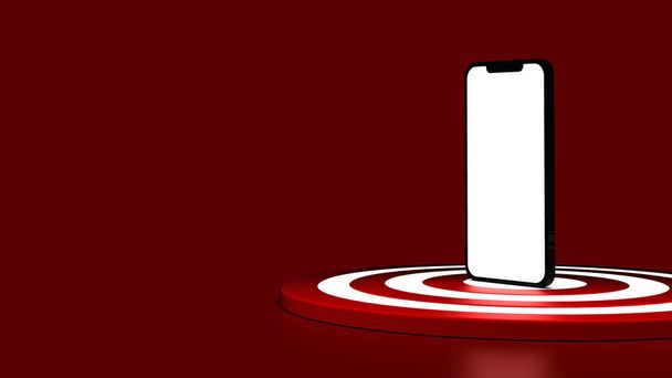 Smartphone on the dartboard in red background. Business concept. 3D Illustration. - Foto, Imagem