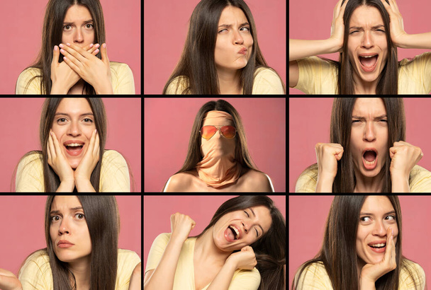 a collage from a portrait of the same woman with different emotions on a pink background - Photo, image