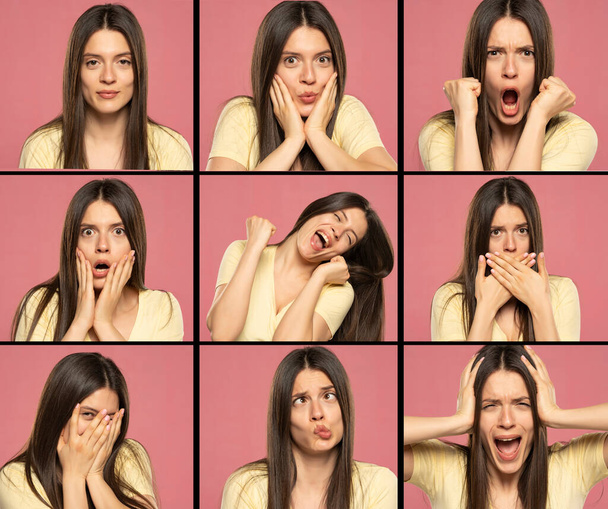 a collage from a portrait of the same woman with different emotions on a pink background - Foto, Bild