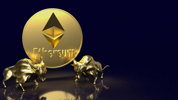 tori d'oro e immagine moneta di ethereum per crypto o concetto di business rendering 3d - Foto, immagini