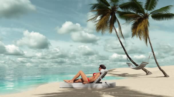 Girl resting on a sun lounger near the sea on the beach among palm trees. - Záběry, video