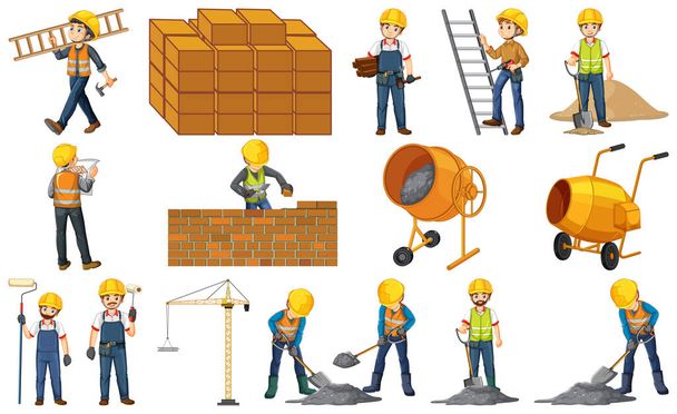 Zestaw obiektów placu budowy i ilustracji pracowników - Wektor, obraz
