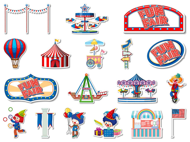 Sticker set of amusement park and fun fair objects illustration - Vektör, Görsel