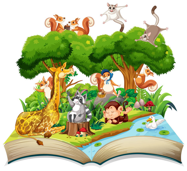 Open book forest theme with animal on white background illustration - Vector, Image