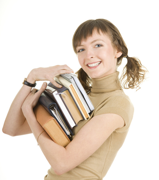 Girl with a pile of books - Foto, Imagem