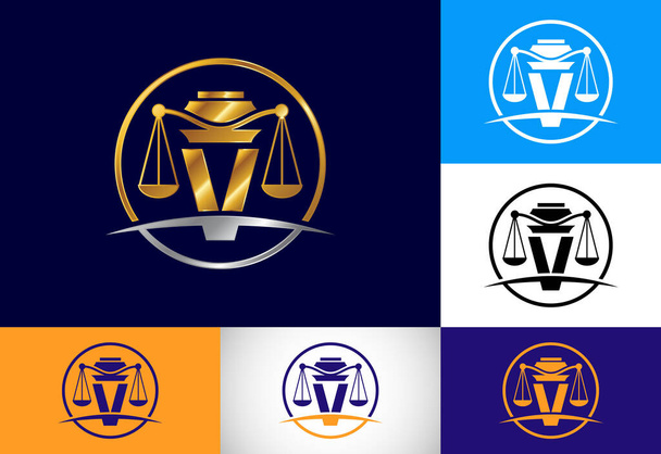 Initial V monogram alphabet with law scale sign symbol. Law office vector logo design template - Vektor, obrázek