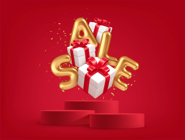 Realistische 3D-Geschenkboxen mit roten Geschenkschleifen und Gold Word Sale im roten Hintergrund Produktpodium Szene und goldenes Konfetti. Vektorillustration - Vektor, Bild