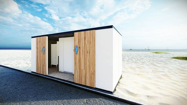 ビーチで現代的なコンテナトイレの外観レンダリング - 写真・画像